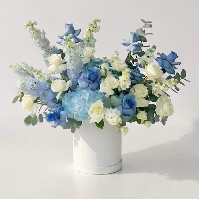 Blue & White Hatbox Floral Arrangement