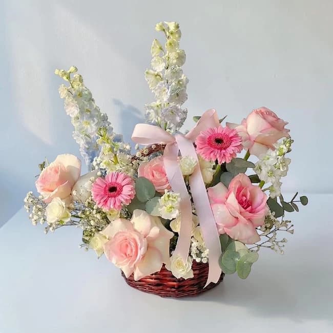 Blush Pink & Blue Floral Basket