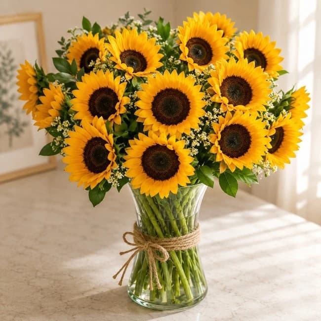 Fresh Sunflowers with Vase