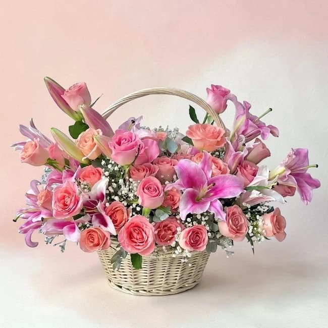 Pink Lily Rose Flower Basket 