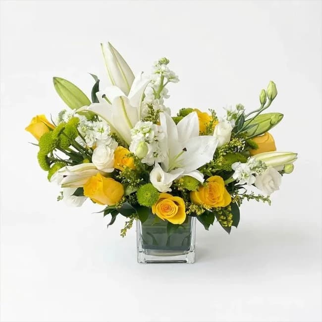 Yellow White Floral Square Vase Arrangement